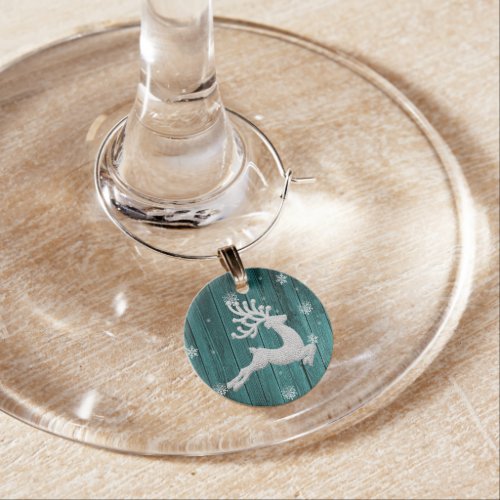 Teal Rustic Christmas Reindeer Wine Charm