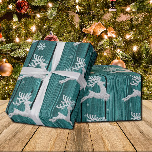 Teal Rustic Christmas Reindeer Wrapping Paper
