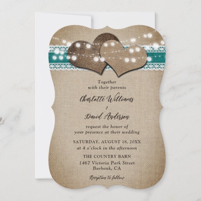 Teal Rustic Country Burlap Lace Wedding Invitation (Front)