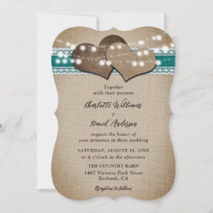 Teal Rustic Country Burlap Lace Wedding Invitation