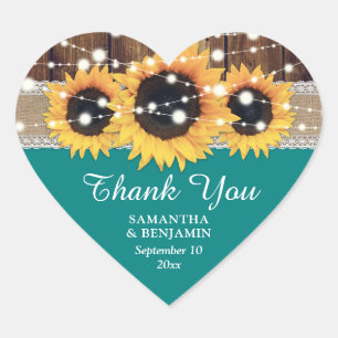 Teal Rustic Country Sunflower Wedding Favor Heart Sticker