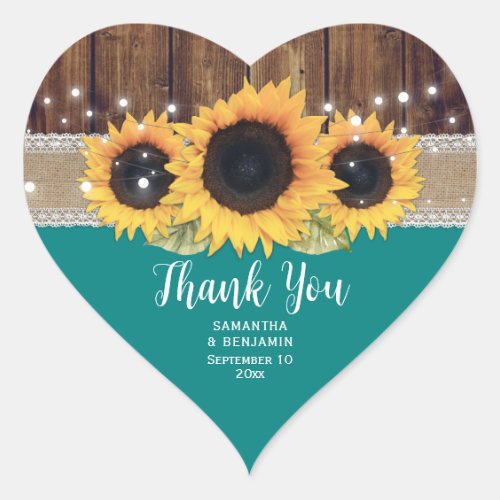 Teal Rustic Country Sunflower Wedding Favor Heart Sticker