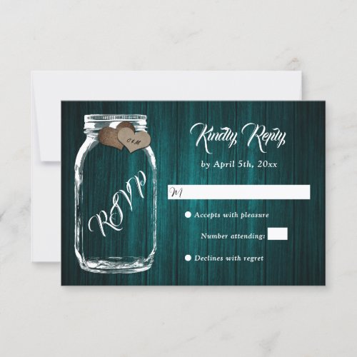 Teal Rustic Country Wood Heart Mason Jar Wedding RSVP Card