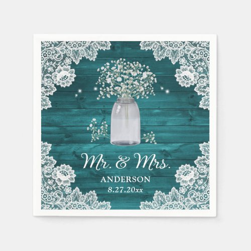 Teal Rustic Country Wood Lace Wedding Napkins