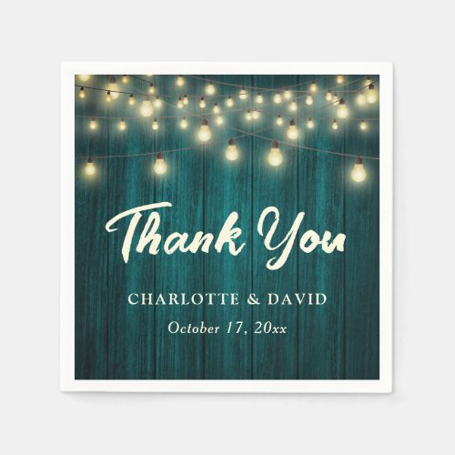 Teal Rustic Country Wood Lights Thank You Wedding Napkins