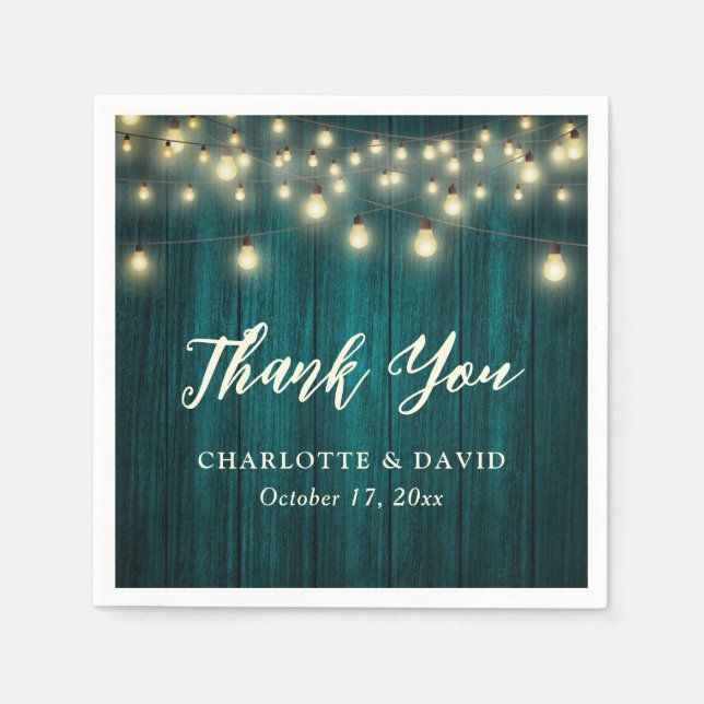 Teal Rustic Country Wood Lights Thank You Wedding Napkins (Front)