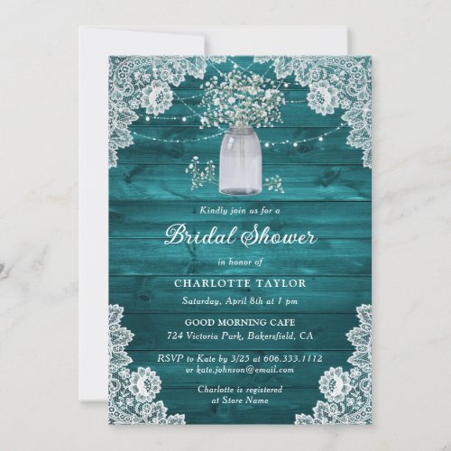 Teal Rustic Country Wood Mason Jar Bridal Shower Invitation