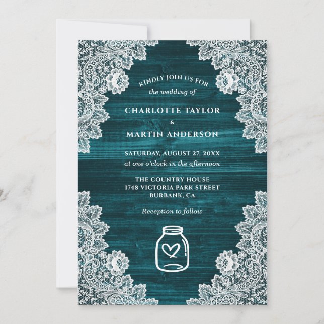 Teal Rustic Country Wood Mason Jar Wedding Invitation (Front)