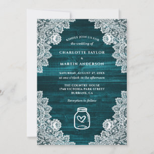 Teal Rustic Country Wood Mason Jar Wedding Invitation