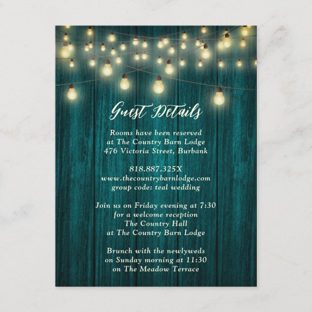 Teal Rustic Country Wood String Lights Wedding Enclosure Card (Front)