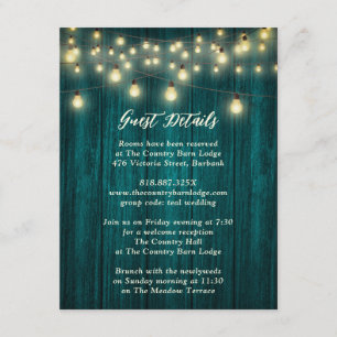 Teal Rustic Country Wood String Lights Wedding Enclosure Card