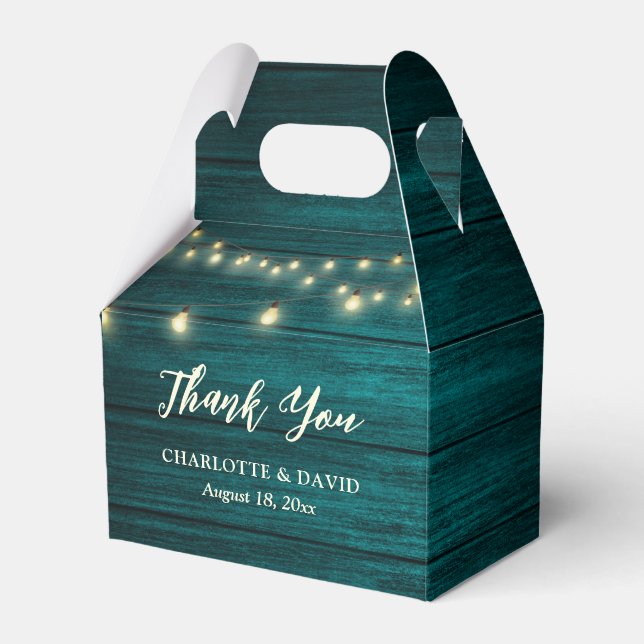 Teal Rustic Country Wood String Lights Wedding Favor Boxes (Front Side)