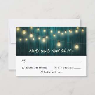 Teal Rustic Country Wood String Lights Wedding RSVP Card
