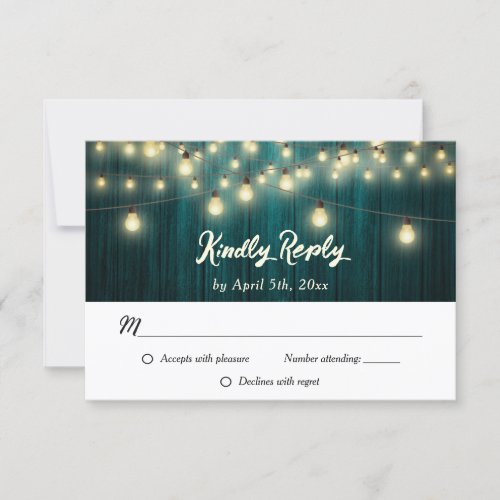 Teal Rustic Country Wood String Lights Wedding RSVP Card