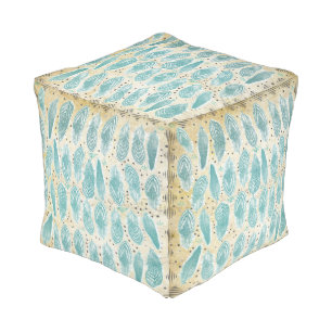 Teal Rustic Feather Vintage Modern Pattern Pouf