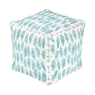Teal Rustic Feather Vintage Modern Pattern Pouf