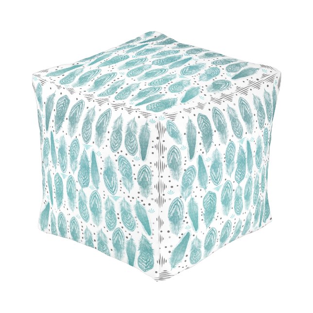 Teal Rustic Feather Vintage Modern Pattern Pouf (Angled Front)