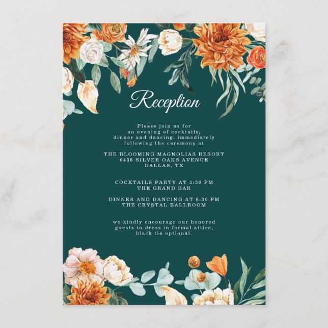 Teal Rustic Floral Burnt Orange Wedding Reception  Enclosure Card (Front)