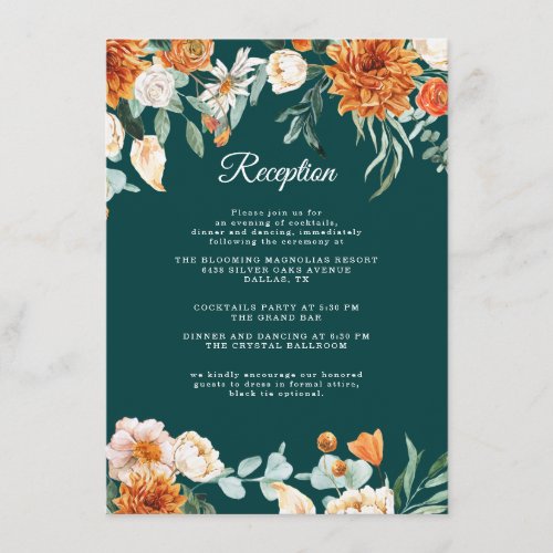 Teal Rustic Floral Burnt Orange Wedding Reception  Enclosure Card