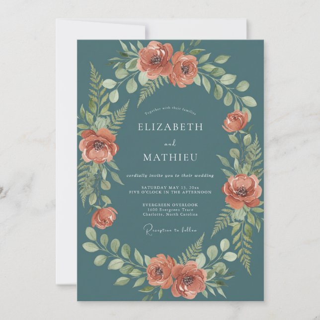 Teal Rustic Floral Embrace Wedding Invitation (Front)