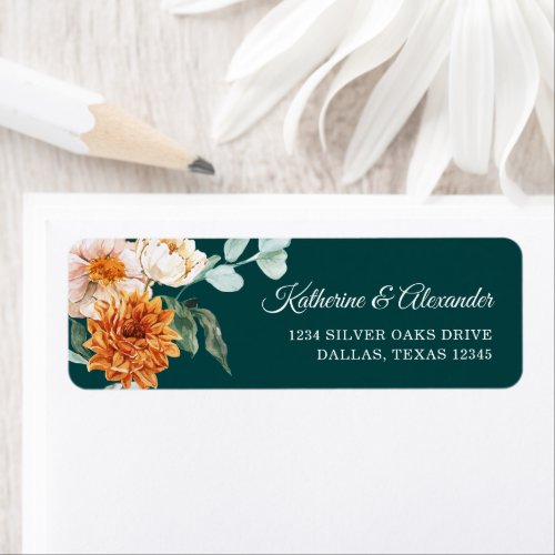 Teal Rustic Floral Fall Wedding Return Address Label