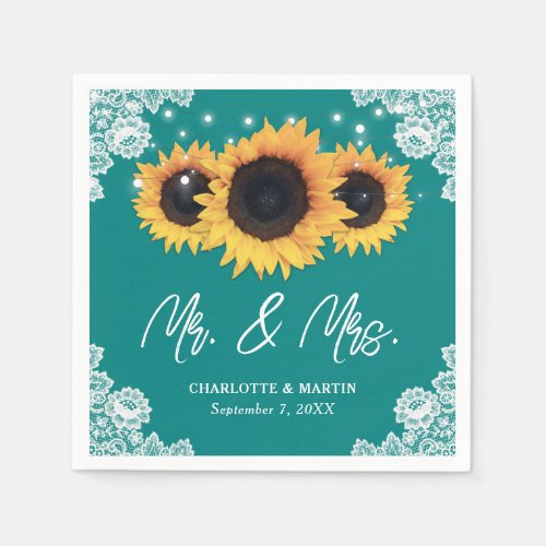 Teal Rustic Lace Sunflower Mr and Mrs Wedding Napkins