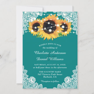 Teal Rustic Lace Sunflower Wedding Invitation