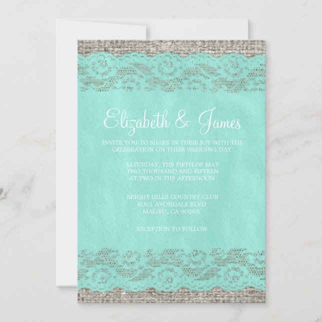 Teal Rustic Lace Wedding Invitations (Front)
