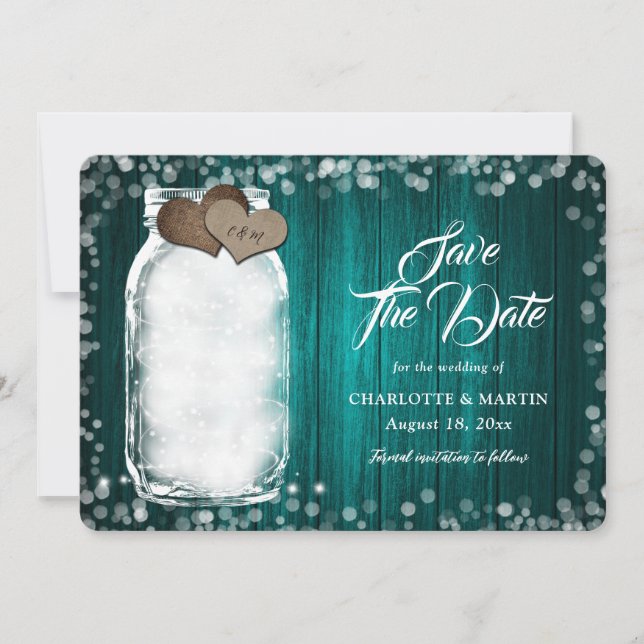 Teal Rustic Mason Jar String Lights Wood Wedding Save The Date (Front)