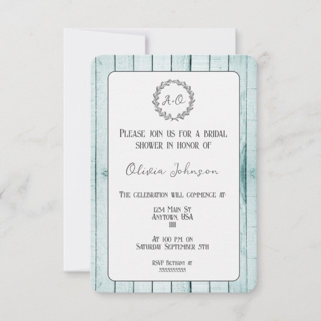 Teal Rustic Monogram Bridal Shower Invitation (Front)