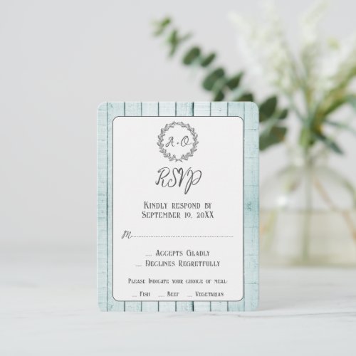 Teal Rustic Monogram Wedding RSVP Card