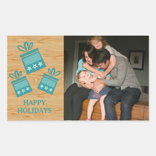 Teal Rustic Presents Holiday Photo Stickers (Front)