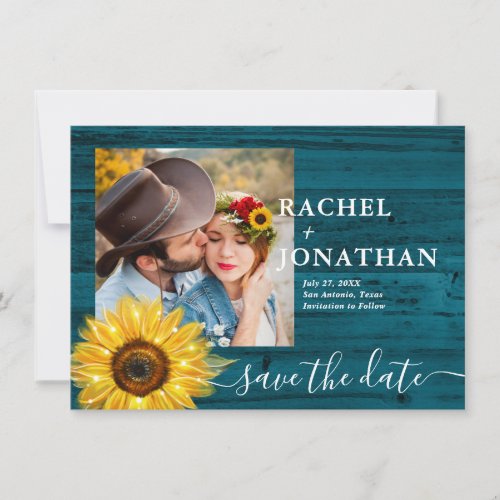 Teal Rustic Sunflower Photo Wedding Save The Date