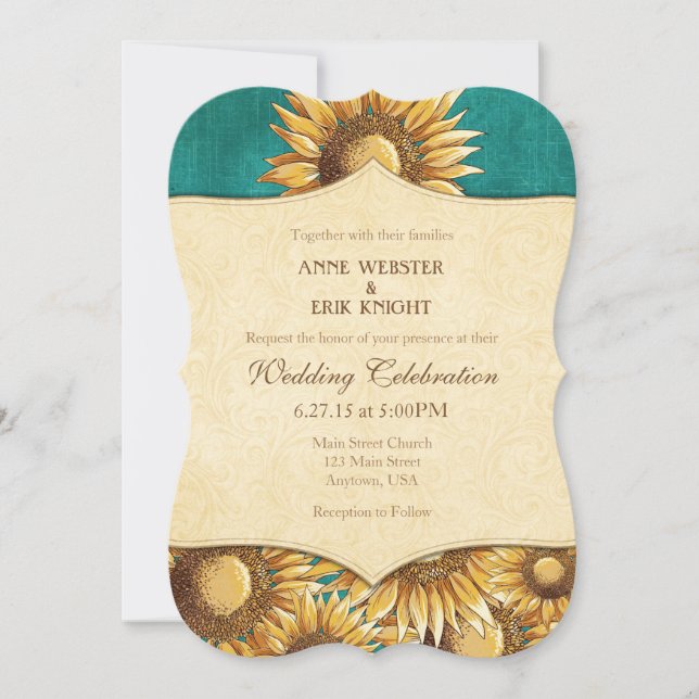 Teal Rustic Sunflower Wedding Invitation (Front)