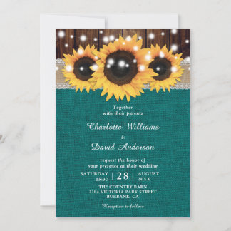 Teal Rustic Sunflower Wedding Invitation