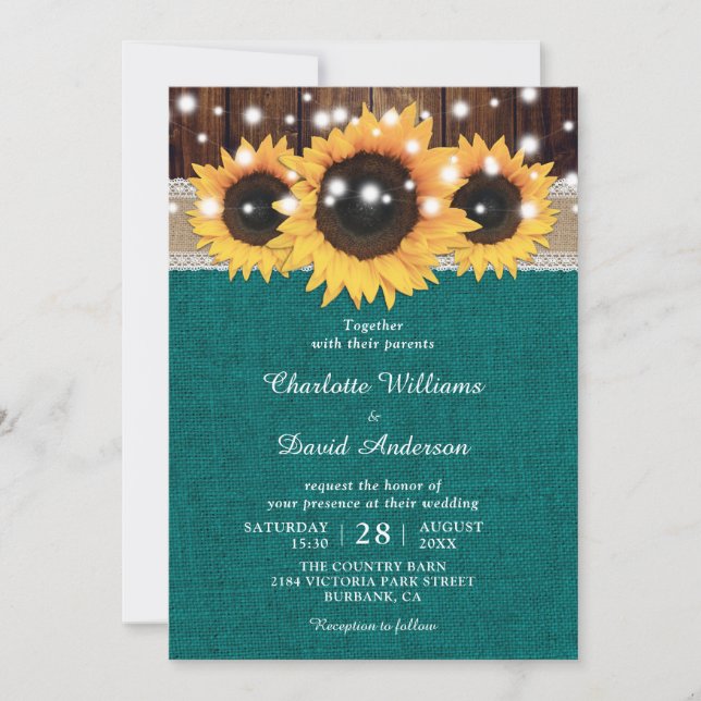 Teal Rustic Sunflower Wedding Invitation (Front)