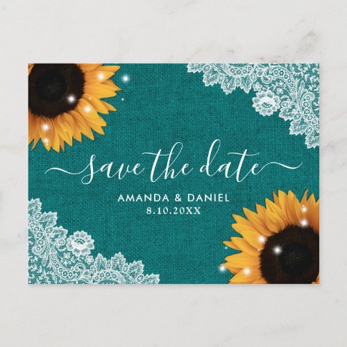 Teal Rustic Sunflower Wedding Save The Date Announcement Postcard