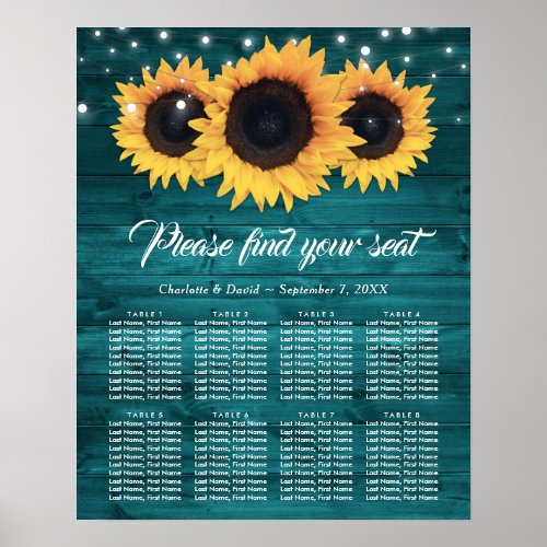 Teal Rustic Sunflower Wedding Seating Chart 8