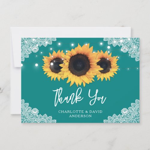 Teal Rustic Sunflower Wedding Thank You Card