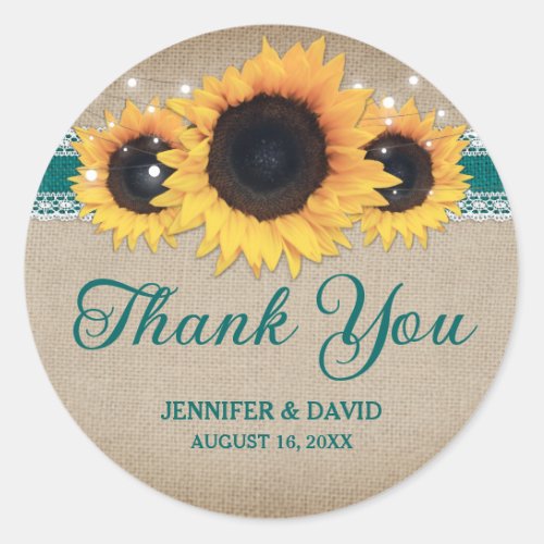 Teal Rustic Sunflower Wedding Thank You Classic Round Sticker