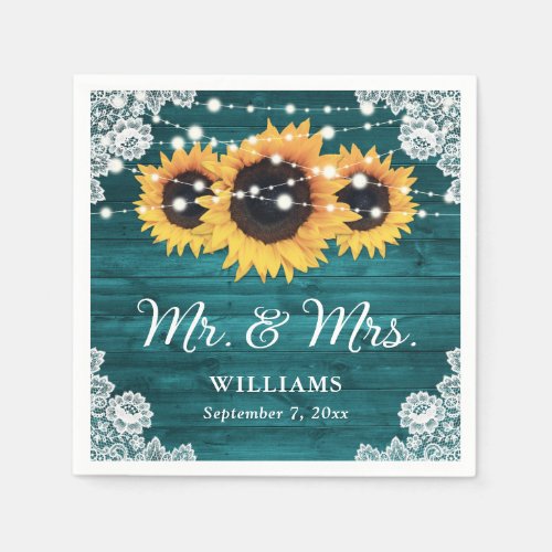 Teal Rustic Sunflower Wood Lace Wedding Napkins