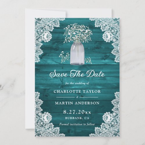 Teal Rustic Wood Babys Breath Mason Jar Save The Date