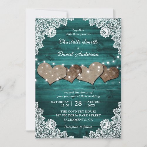 Teal Rustic Wood Burlap Hearts Lace Wedding Invitation