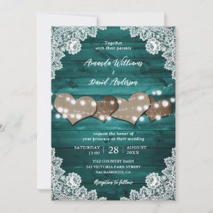 Teal Rustic Wood Burlap Hearts Lace Wedding Invitation