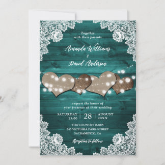 Teal Rustic Wood Burlap Hearts Lace Wedding Invitation