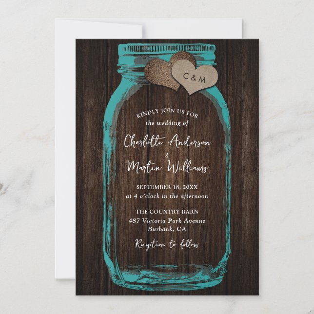 Teal Rustic Wood Burlap Hearts Mason Jar Wedding Invitation (Front)