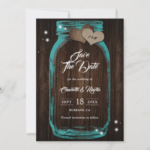 Teal Rustic Wood Burlap Hearts Mason Jar Wedding Save The Date