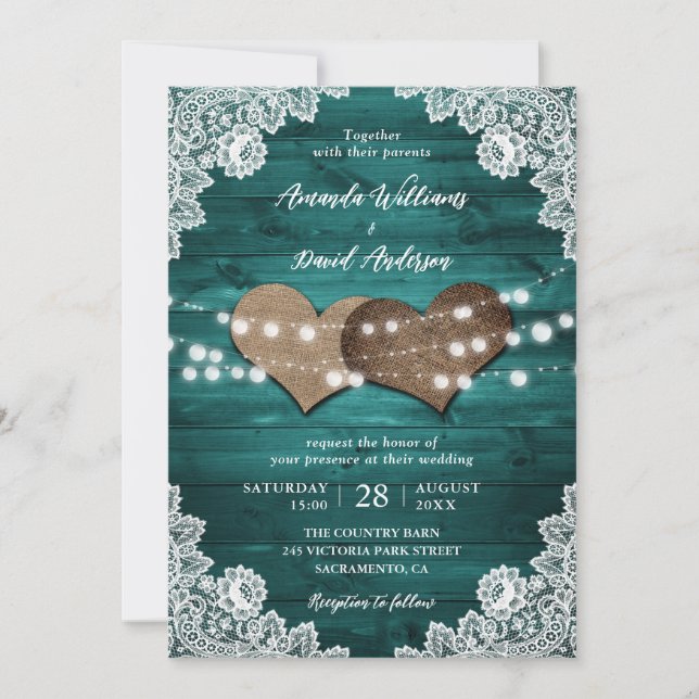 Teal Rustic Wood Burlap Lace String Lights Wedding Invitation (Front)
