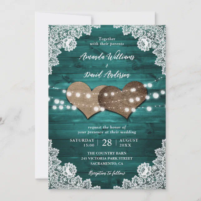 Teal Rustic Wood Burlap Lace String Lights Wedding Invitation | Zazzle