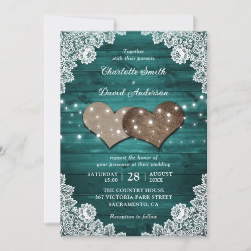 Teal Rustic Wood Burlap Lace String Lights Wedding Invitation